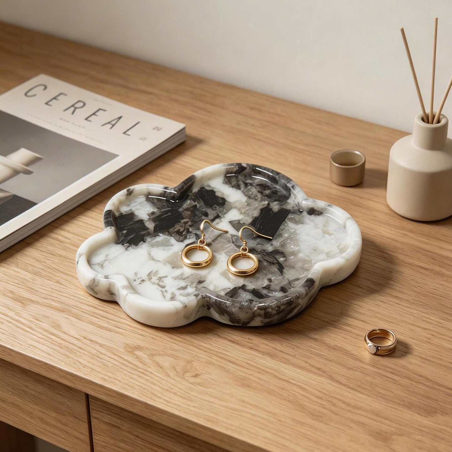 Terramason Natural Marble Tray Cloud Shape Vanity Trays, Jewelry Trays Holder Dish for Bathroom Countertop Home Decor Gift Black Needle