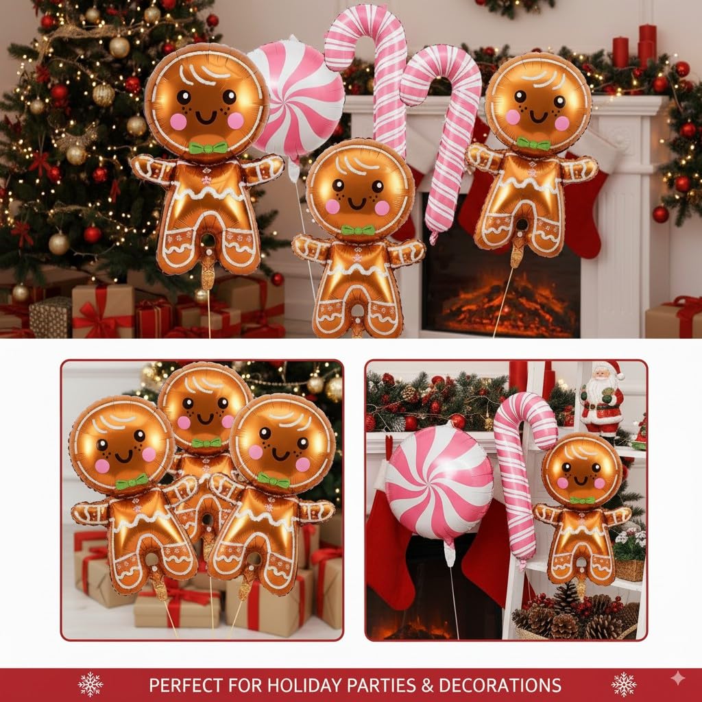 14 Pcs Christmas Balloons Decorations Gingerbread Man Balloons Pink Candy Cane Foil Balloon for Christmas Birthday Party Winter Themed Decorations