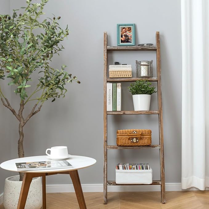 MyGift Decorative Ladder Shelf, 4.5 Foot Wall Leaning Wooden Towel Blanket Ladder Storage Rack for Bathroom or Living Room, Torched Brown Wood