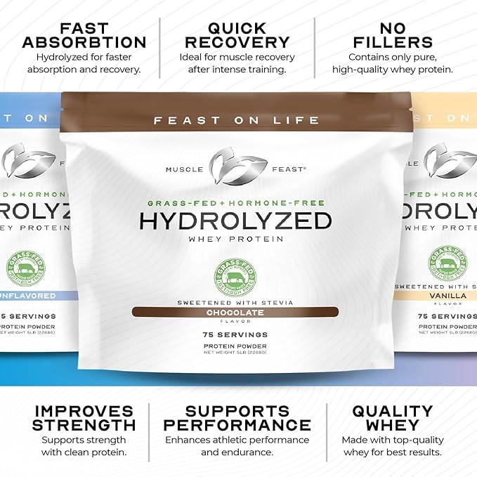 Muscle Feast Hydrolyzed Whey Protein Powder, Grass Fed and All Natural Hormone-Free, Hydro Whey Powder for Men and Women, Gluten Free, Non-GMO, Delicious Hydrolyzed Protein Powder, Vanilla, 5lb