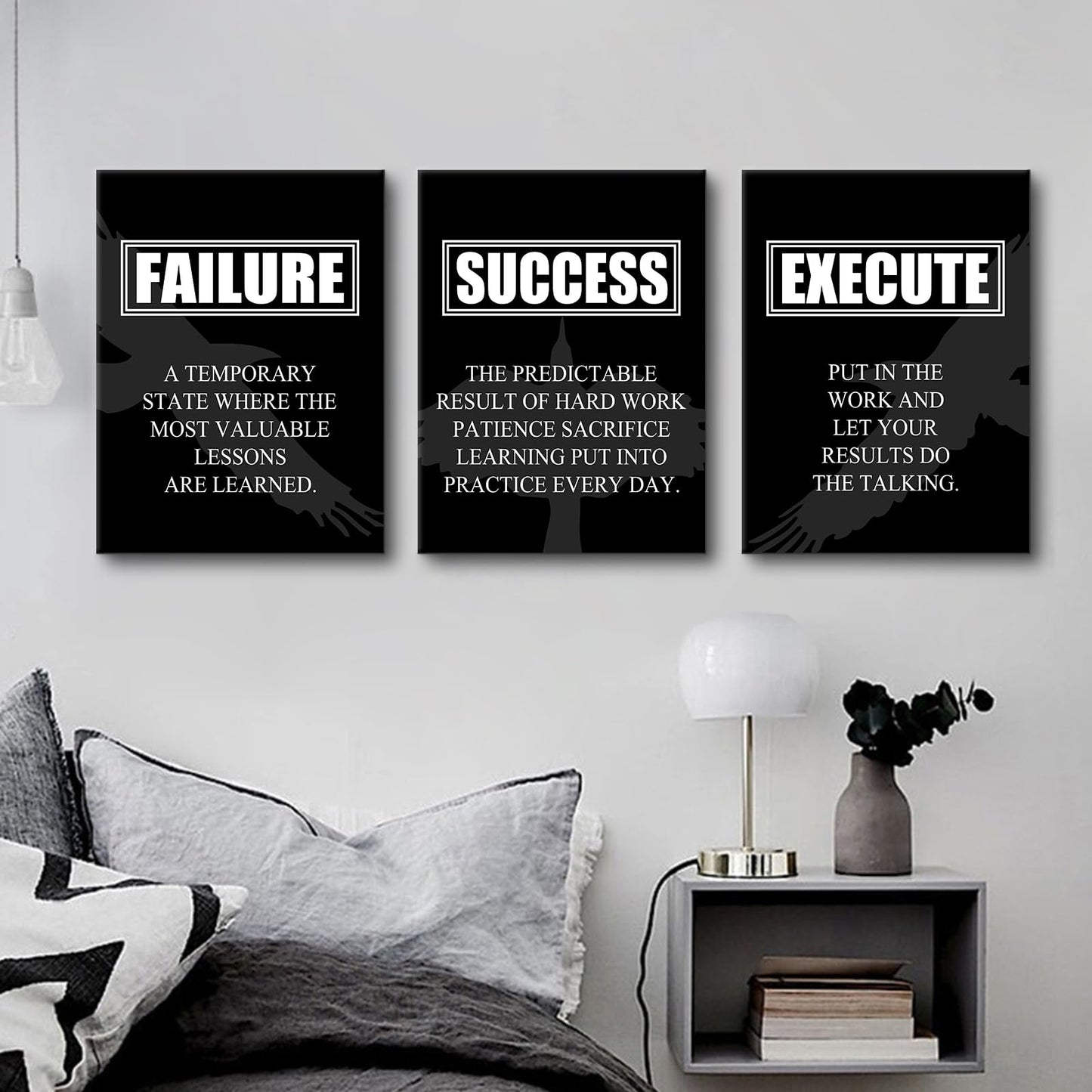 YSPCSUN 3 Piece Motivational Wall Art Canvas Office Decor Failure Success Execute Quotes Posters Eagle Silhouette Inspirational Artworks for Small Home Office Study Room Framed, 36" x 16"