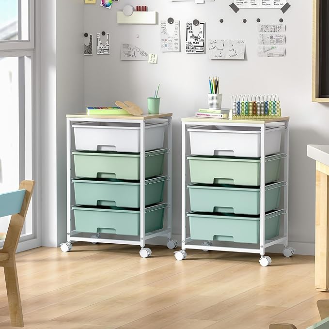 SYKIARIOL Utility Cart with 4 Drawers,Rolling Storage Cart with Drawers,Storage Rolling Drawer Cart with Wooden Tabletop for Bedroom,Kid's Room,Dorm,Classroom,Office,Green