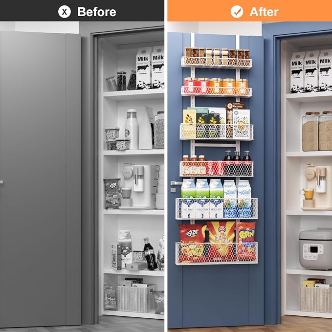 6-Tier Over The Door Pantry Organizer,Hanging Spice Rack,Grid Basket,White | Height Adjustable,Large Capacity,Grid Base for Stable Stoage,For Pantry Door,Laundry Room,Bathroom,Kitchen,D5.3xW15.7xH60.9in