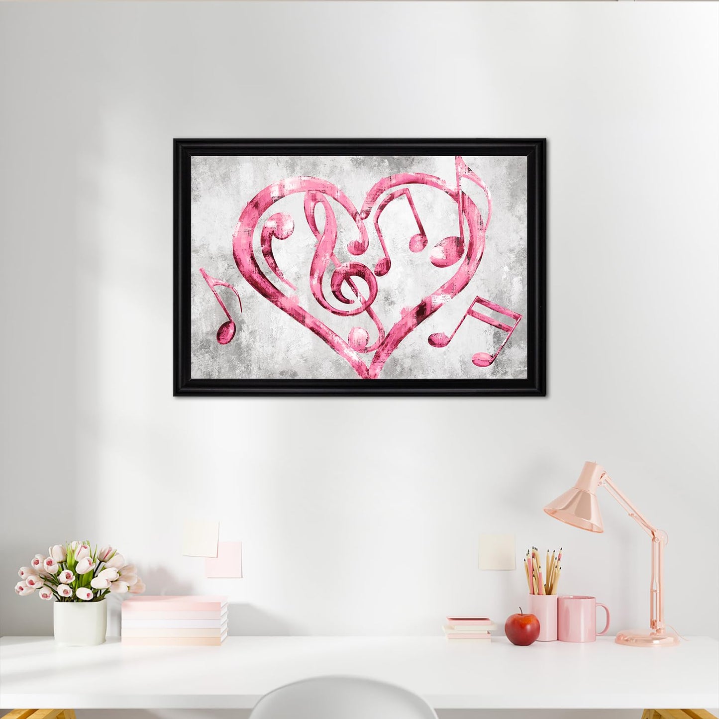 Kalormore Black Frame Canvas Art Heart Music Wall Decor (Pink, 16"X24", Framed)