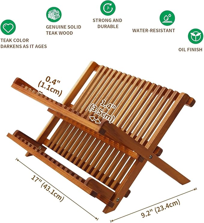 Utoplike Teak Dish Drainer Rack Collapsible 2 Tier Dish Rack Dish Drying Rack Foldable Plate Organizer Holder for Kitchen Compact Countertop
