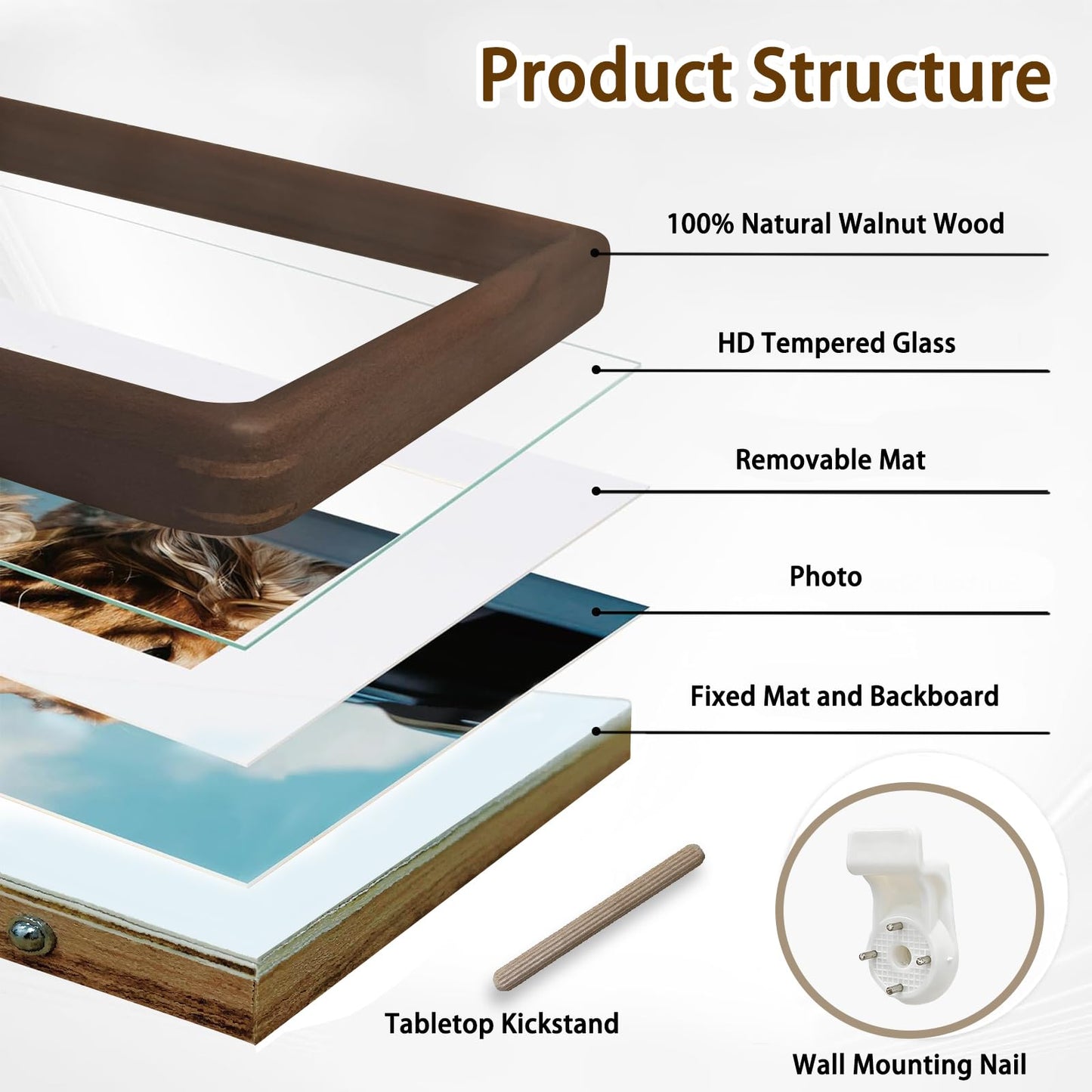 RRQKMBO 4x6 Picture Frame with Mat to 3.5x5, Natural Dark Walnut Wooden Handcrafted Frame Rounded Corner with Real Glass, Vertical or Horizontal Display for Photo Wall & Tabletop