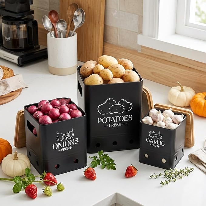 Simcat Kitchen Vegetable Storage Tins Set of 3, Potato Onion Garlic Kitchen Storage Canisters, Vegetable bin Keeper Containers with Aerating Holes and Wooden Lid (Black 1)