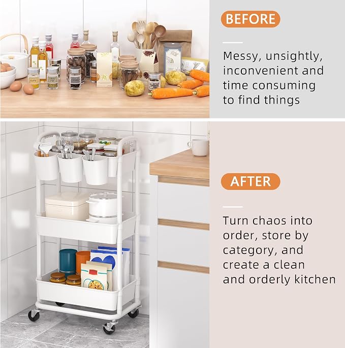 JIUYOTREE 3-Tier Plastic Rolling Storage Cart Utility Cart with Extra Hanging Cups Handles Lockable Wheels for Living Room Bathroom Kitchen Office White