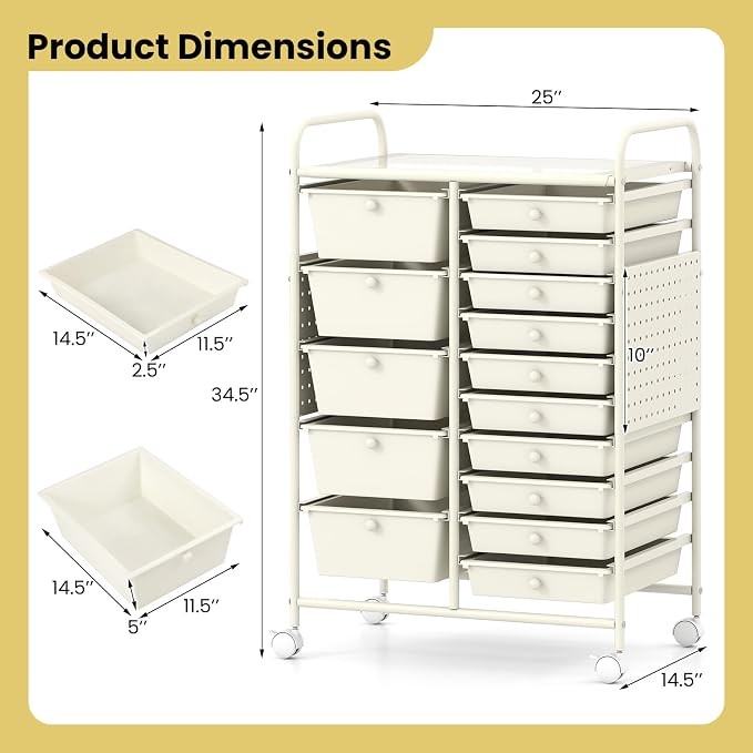 GOFLAME 15-Drawer Rolling Storage Cart with Pegboard, Craft Storage Cart with Lockable Wheels and Metal Frame, Art Cart Supply Storage Organizer for Home Office Classroom, White