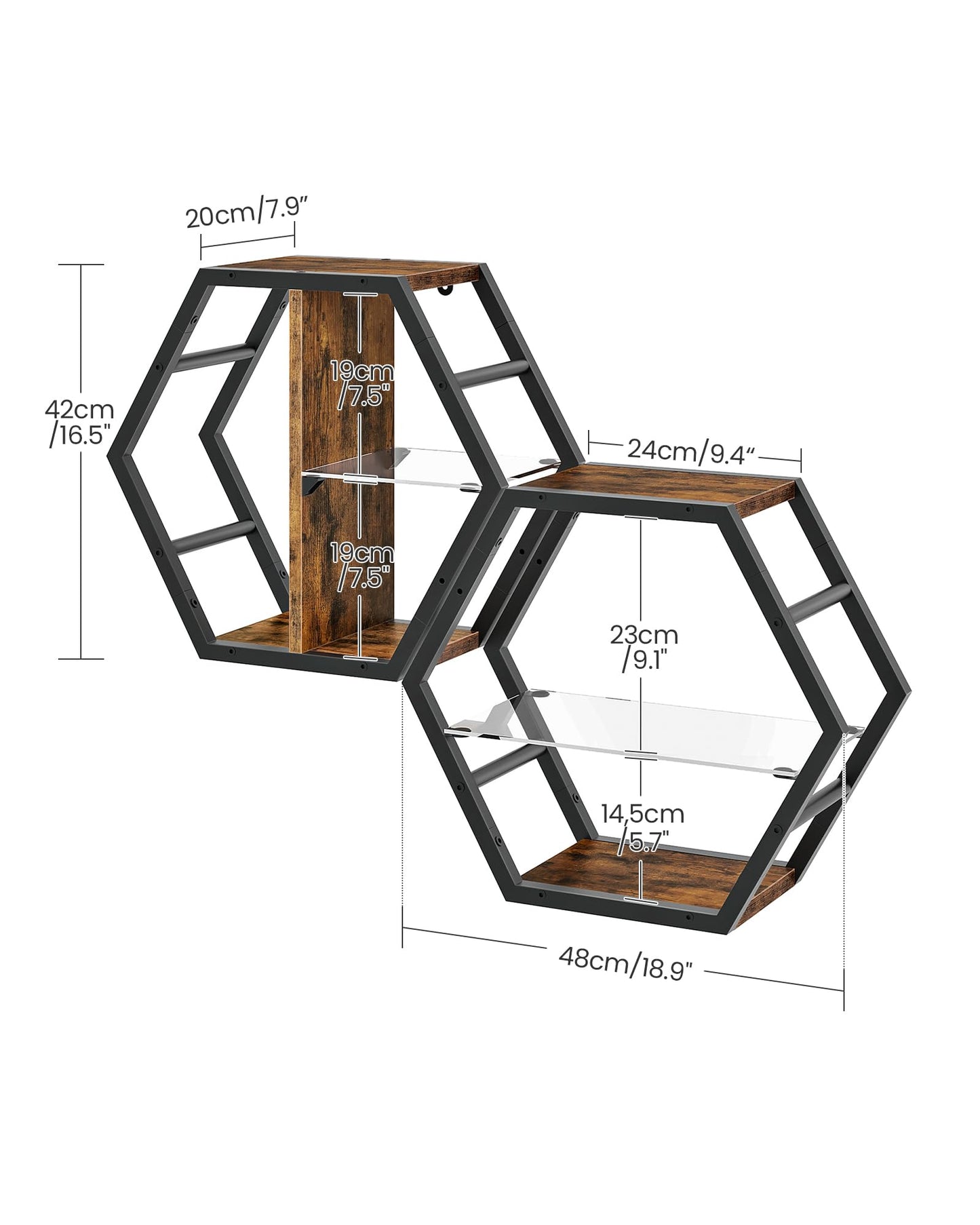 CHOEZON Hexagon Floating Shelves Set of 2, 18.9" Glass Hanging Shelves for Wall Decor, Wall Storage Rack and 12 S-Hooks, for Living Room, Bedroom, Office, Game Center, Rustic Brown TBJ08BF