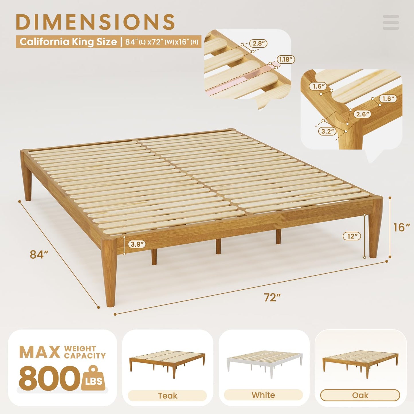 IOTXY California-King Platform Bed Frame - Solid Wood 16-Inch Height Mattress Foundation Base with Densely Slats and Heavy-Duty Support Legs, No Box Spring Needed, Oak