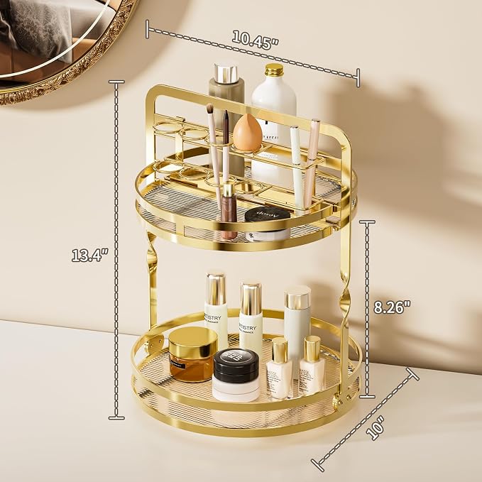 360° Rotating Makeup Organizer, 2-Tier Gold Perfume Organizer for Dresser, Bathroom Organizers Countertop, Perfume Shelf with Makeup Brush Holder, Skincare Holder Cosmetic Display(Gold)