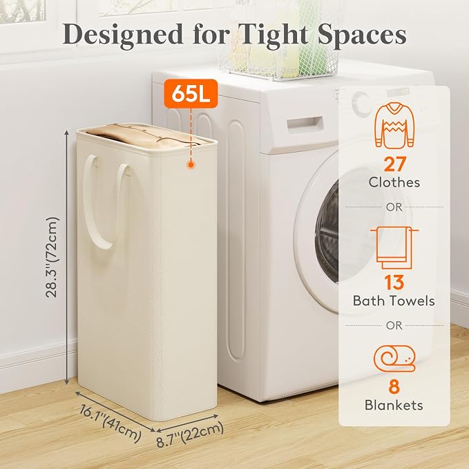 Lifewit Slim Laundry Hamper, Narrow Small Laundry Basket with Handle for Dirty Clothes, Collapsible Tall Thin Laundry Bin for Bathroom Bedroom Dorm College, 65L, White