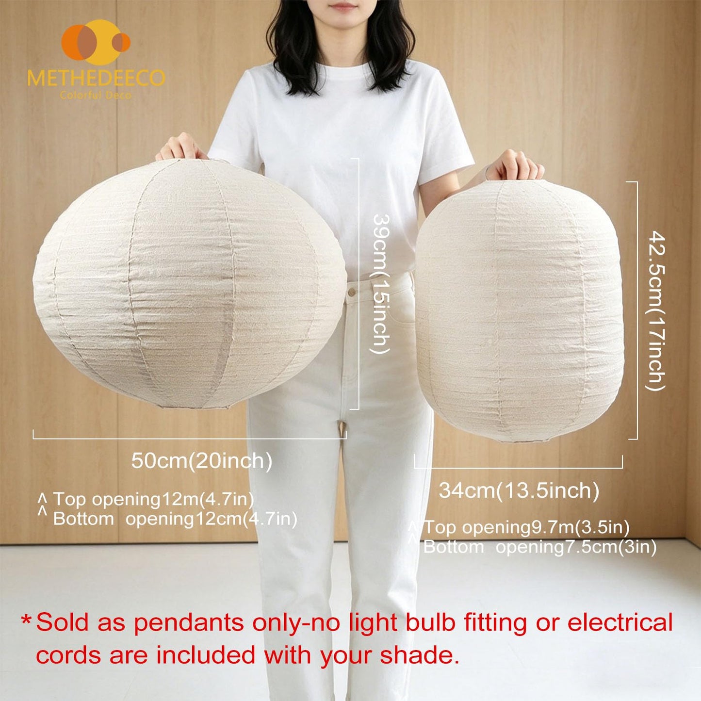 METHEDEECO 2-Piece Hanging Lamp Shade Set, 1 Oval 20x15 in + 1 Cylinder 13.5x17 in, Faux Linen Fabric Pendant Light Shades, Foldable Minimalist Pendant Lantern Shades, Nature Beige, Shades Only