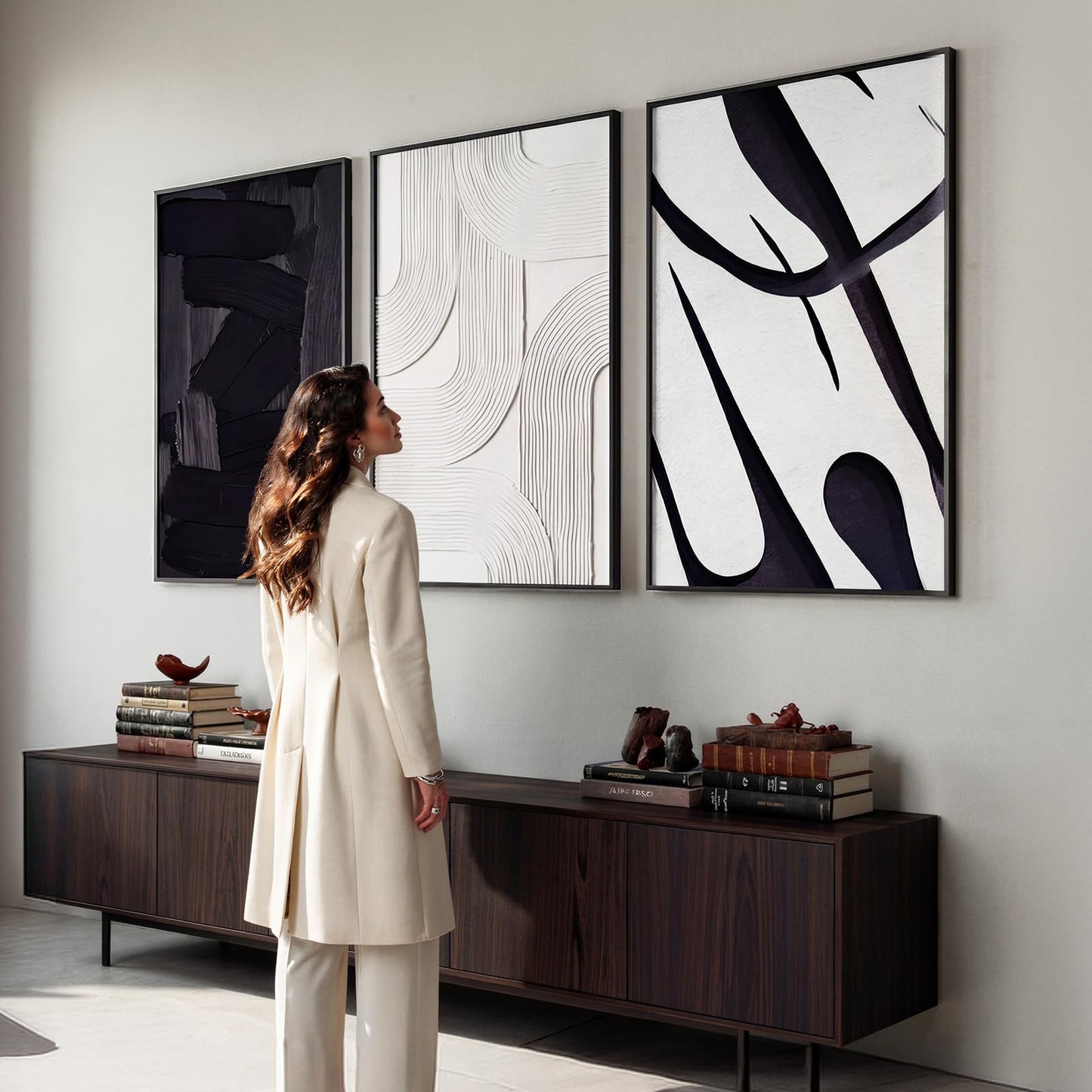 OurWarm 3D Large Framed Black and White Abstract Wall Art for Living Room, 3 Piece Big Minimalist Meutral Textured Modern Wall Art, Wall Pictures for Living Room Hallway Office Wall Decor 24x36 Inch