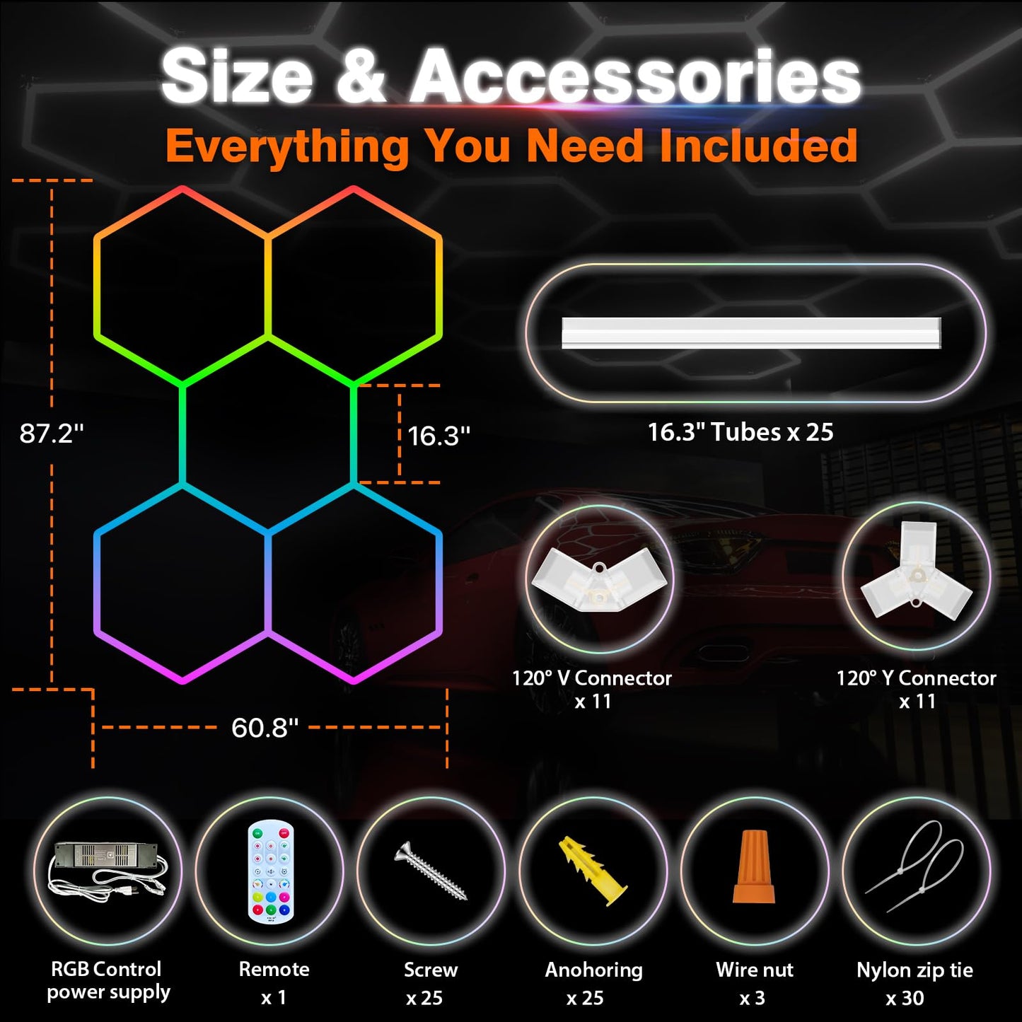 Litezone RGB Hexagon Garage Lights, Music Sync LED Hexagon Lights for Gaming Room, Smart App & Remote Control, DIY Honeycomb Ceiling Light for Studio Gym Basement Deco