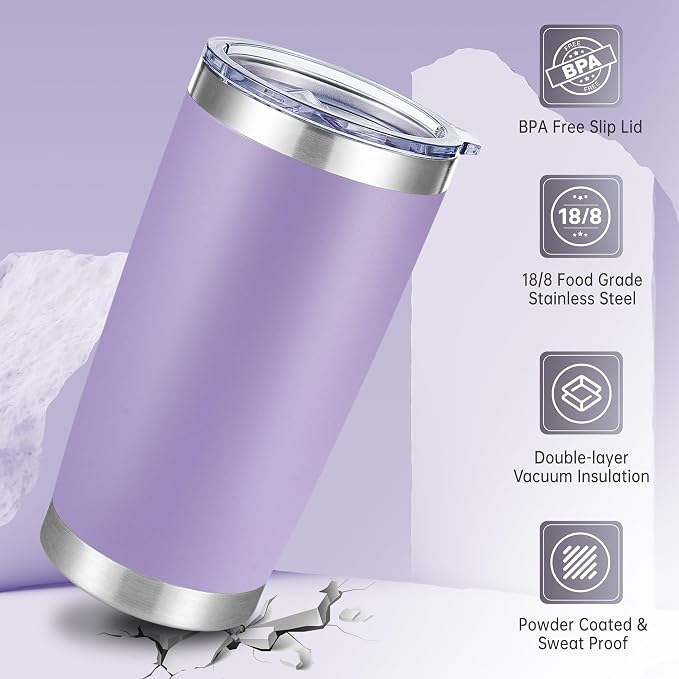 20 oz Tumblers Bulk Stainless Steel Tumbler with Lid Double Wall Vacuum Insulated Coffee Mug 20oz Powder Coated Cup for Hot and Cold Drinks, Purple, 6 pack