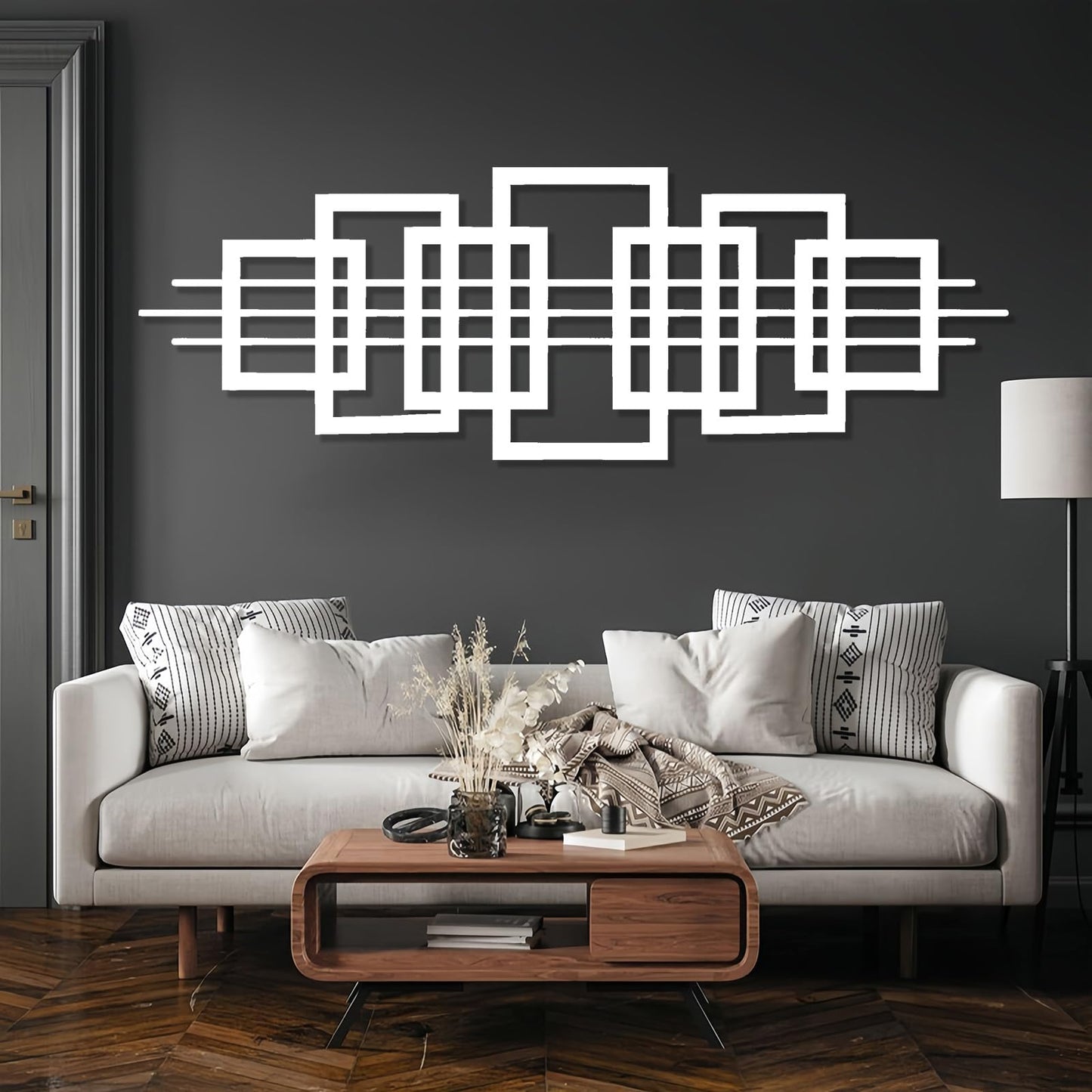 Square Metal Wall Art, Luxury Modern Metal Wall Art, Geometric Square Metal Wall Hanging, Abstract Wall Art, Geometric Wall Art, Office Living Room Decor, Housewarming Gift (12"x35"|30x90cm, White)