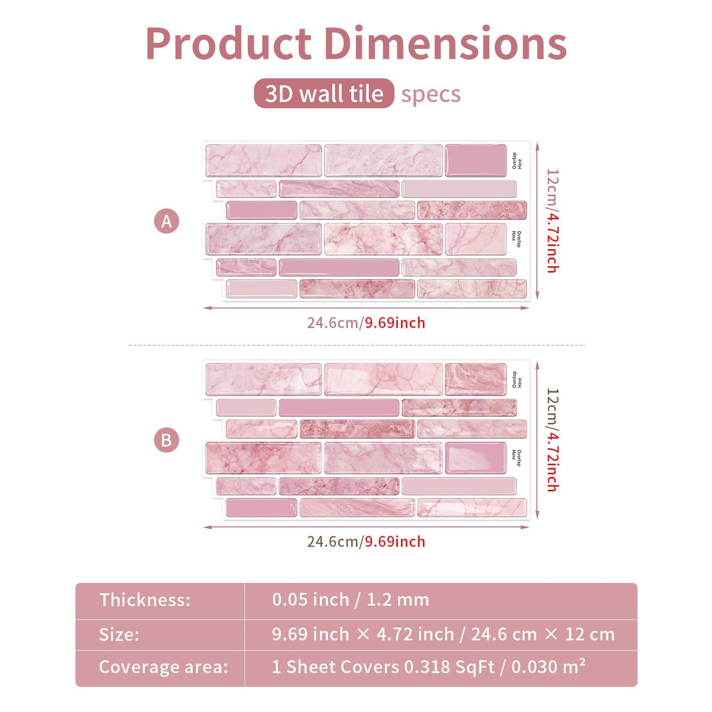 Alwayspon 9.69x4.72inchx10Pcs Marble Subway 3D Self Adhesive Wall Tile Sticker, Peel and Stick Adhesive Waterproof Backsplash Stick on Tile Decal for Kitchen Bathroom Wall, Pink