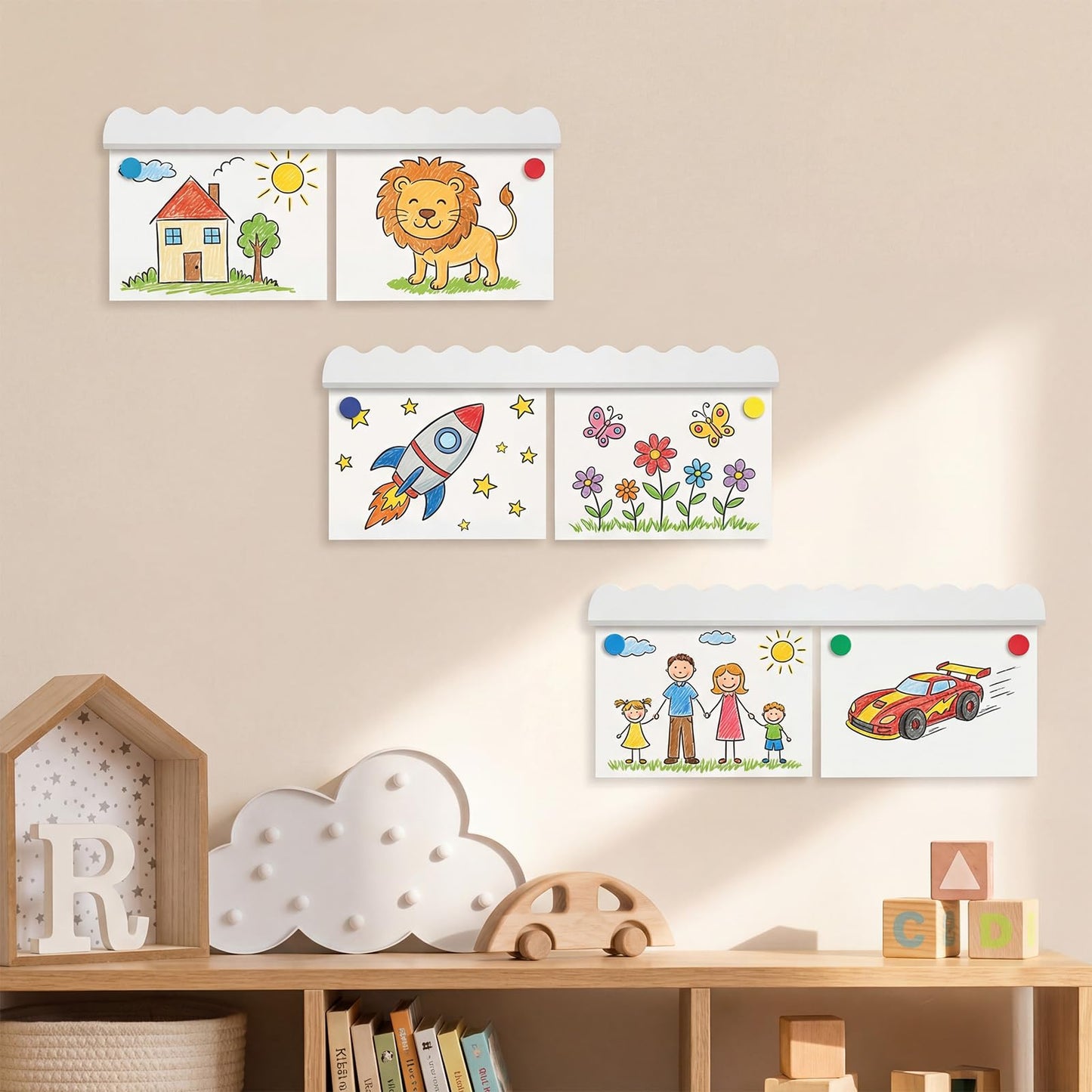Yookeer Set of 3 Scalloped Magnetic Art Hanger Wall Mounted Artwork Display Bar with Strong Magnets White Wooden Picture Memo Holder for Art Decor Home