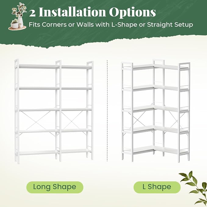 Huuger 5 Tier Bookshelf, L Shaped Corner Bookshelf with 10 Open Shelves, 49.4 Inch Straight Wide Bookcase with Metal Frame and Wooden Board, Adjustable Feet, White