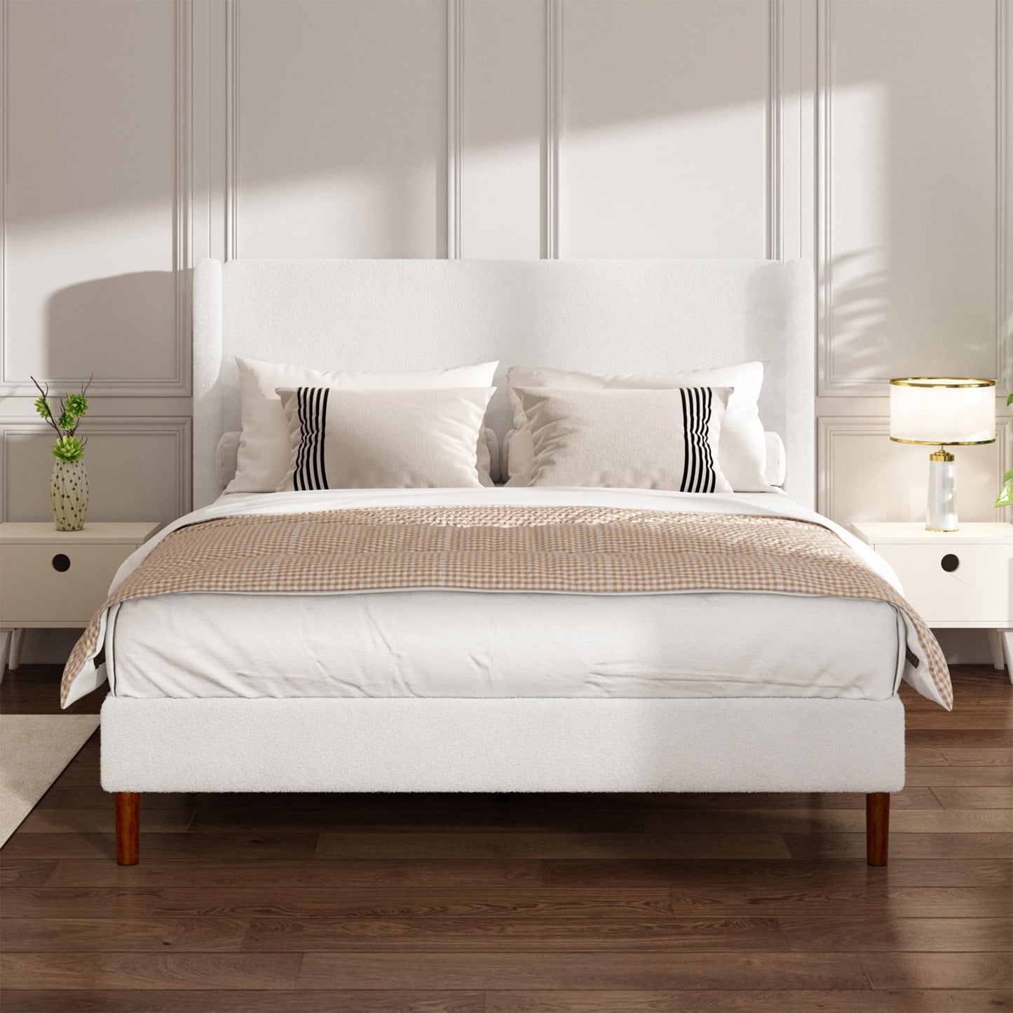 Mxhtcewz Queen Boucle Bed Frame, Platform Bed with Upholstered Wingback Headboard, Strong Wooden Slats Support, Noise-Free, Easy Assembly, No Box Spring Needed, White