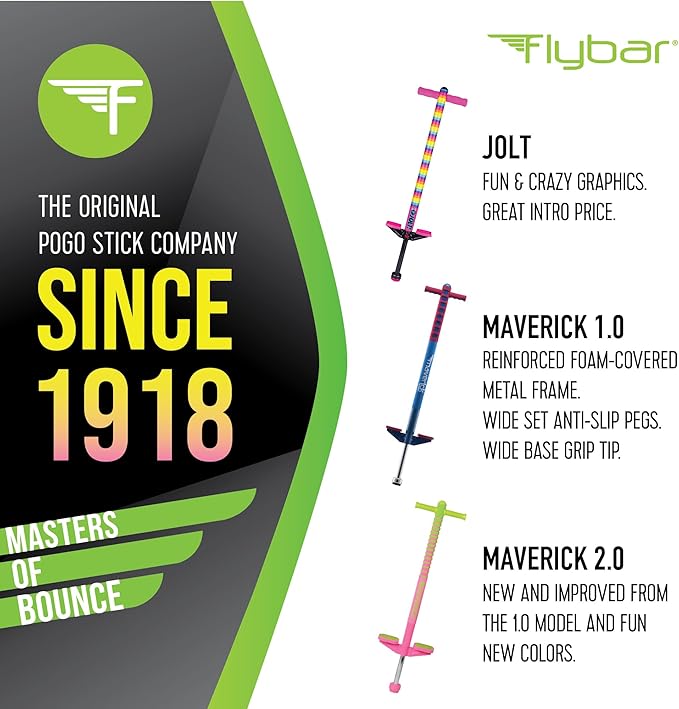 Flybar Maverick 2.0 Foam Pogo Stick for Kids Ages 5 and Up, 40 to 80 Pounds, Outdoor Kids Toys, Rubber Grip, by The Original Pogo Stick Company (Black Lightning)