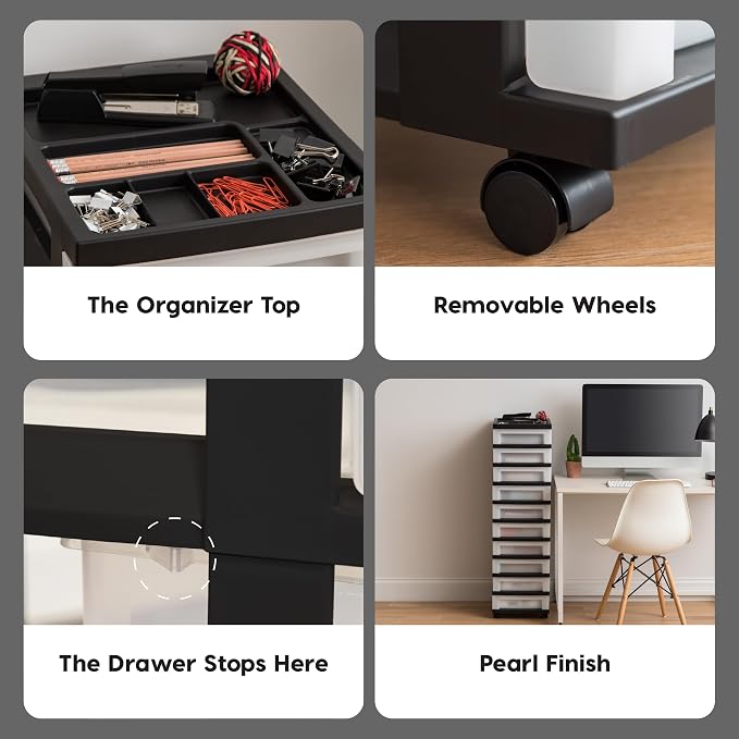 IRIS USA Plastic Drawer Storage Organizer Rolling Cart, with Wheels Casters, 10-Drawers, for Classroom Art Craft Supplies Dresser Closet Bathroom Laundry Room, Black/Pearl