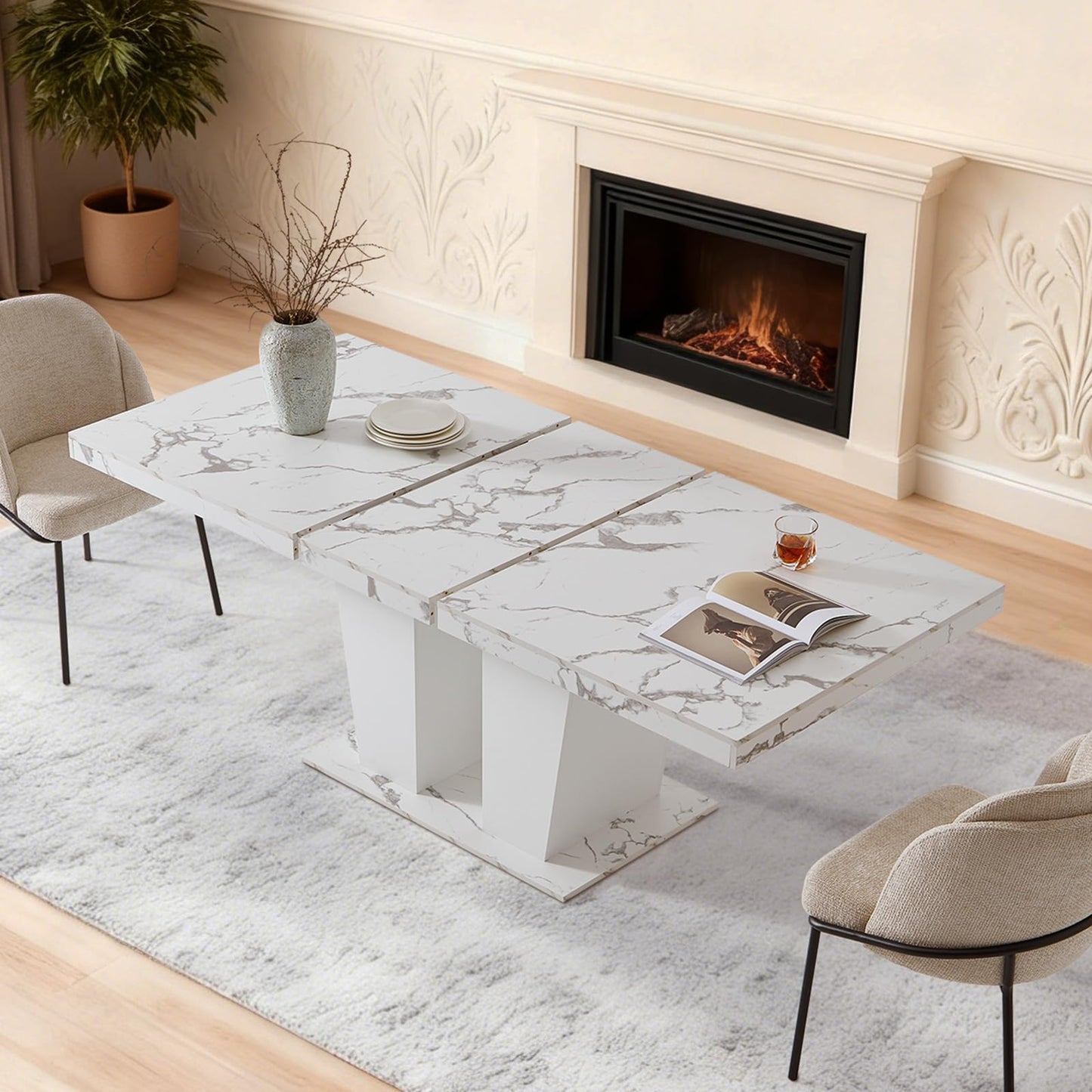 Senfarime Dining Table Extendable 63 in-79 in for 4-8 Expandable Wood Rectangle with Fluted Base for Dining Room Kitchen Living Room Furniture Marble White