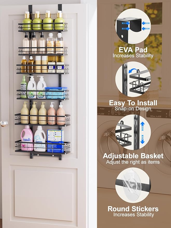 Delamu Over the Door Pantry Organizer, 6 Tier Pantry Door Organizer with Adjustable Basket, Door Spice Rack Seasoning Organizer, Metal Hanging Pantry Organizers and Storage for Kitchen,15.3" Black
