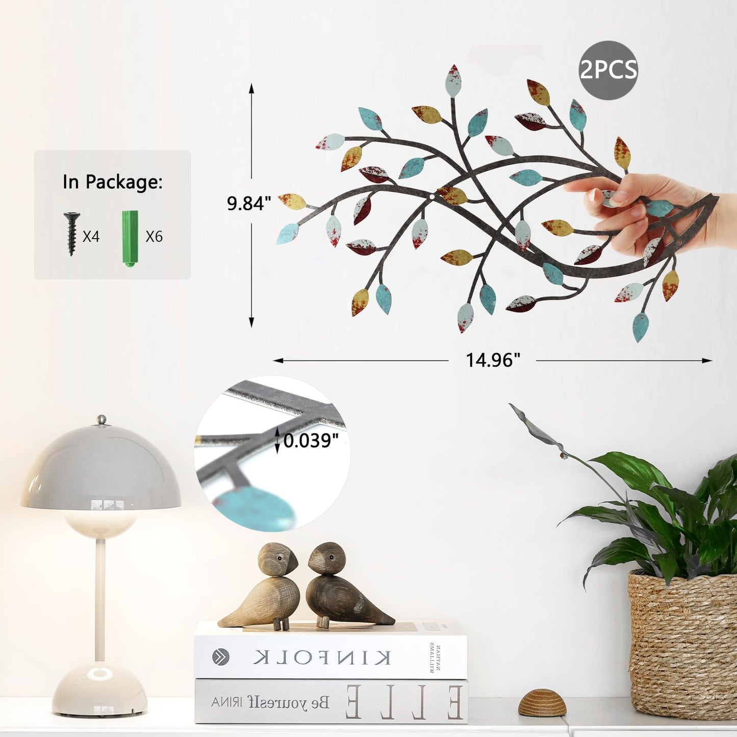 Meltset Metal Tree Leaf Wall Decor, Vine Olive Leaf Branch Wall Art, Wrought Iron Scroll Artwork, Decorative Wall Sculptures Above The Bed, Living Room, Hallway, Indoor and Outdoor（S/Farmhouse）