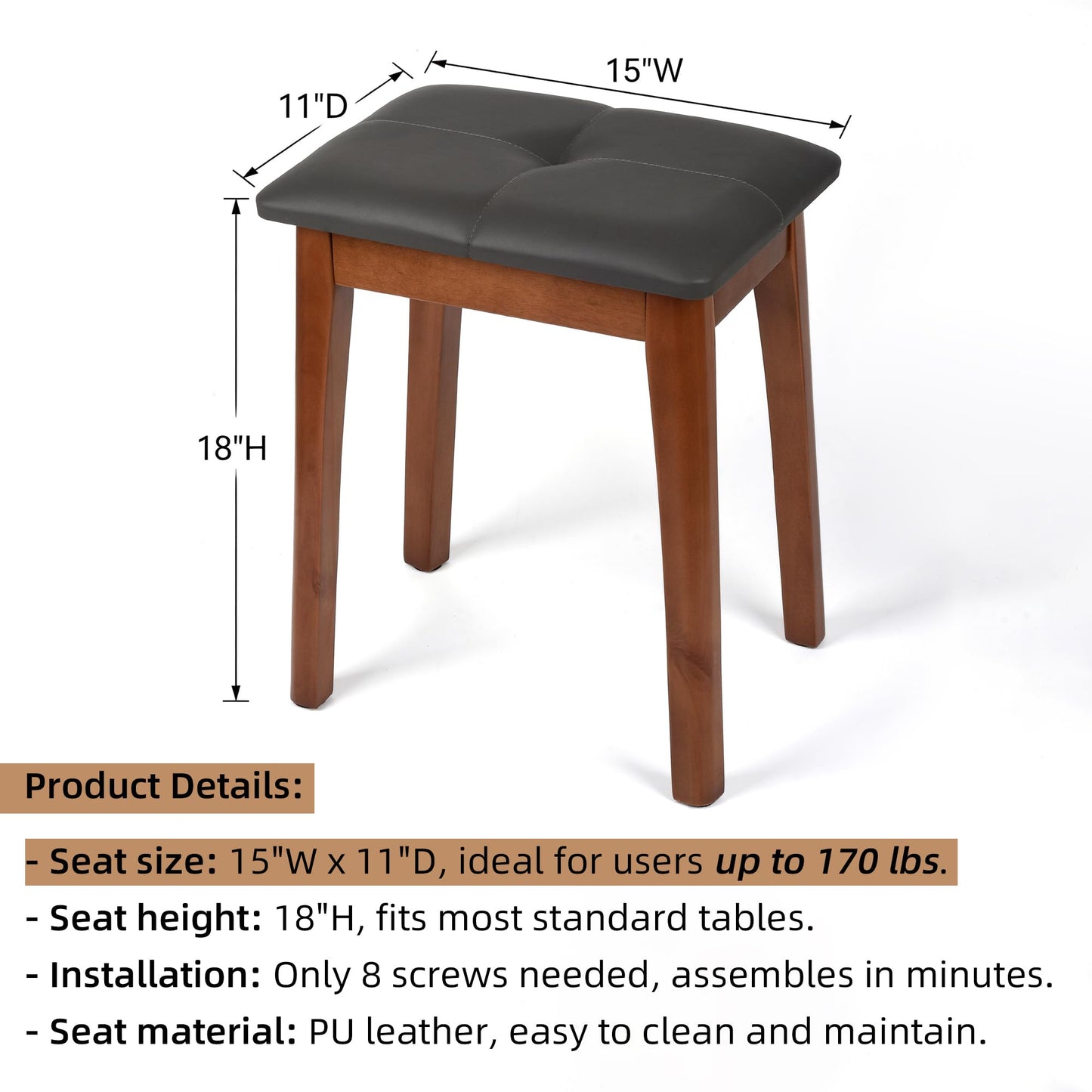 YETEYOW Solid Wood Vanity Stool with Cushion, 11" D x 15" W x 18" H - Small Wooden Ottoman Bench Chair Padded Seat for Bedroom/Living Room/Office/Makeup Vanity/Closet/Desk - Dark Grey