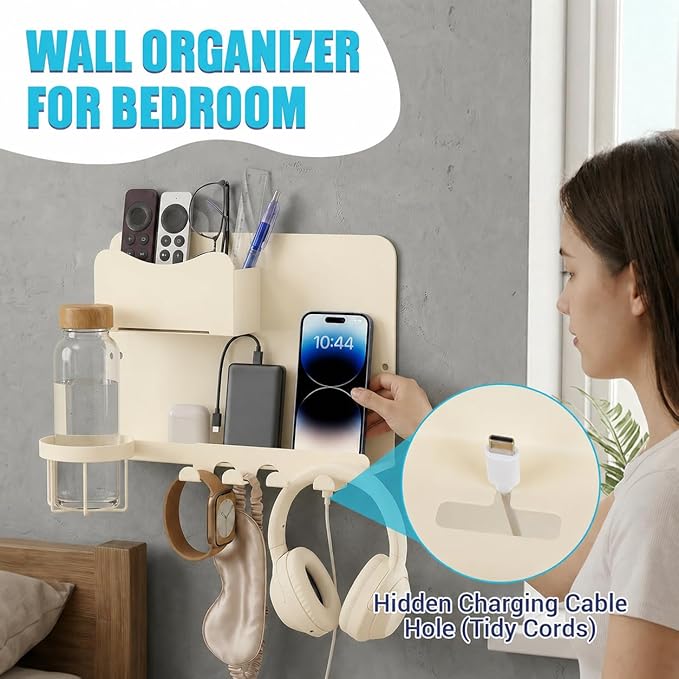 Metal Bedside Wall Shelf, Bedside Floating Shelf Wall Organizer with Detachable Cup Holder, No Drill Wall Mount for Bedroom, Dorm Room Decor, Nightstand Alternative, Bunk Bed Accessories, RV Storage