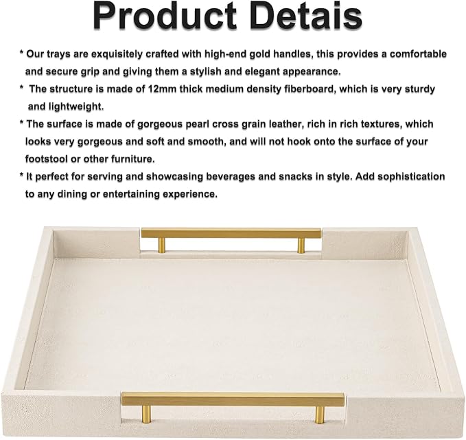 Beige Faux Leather Serving Tray with Handles – Large Decorative Tray for Coffee Table, Ottoman, Living Room, Bathroom – Home Decor