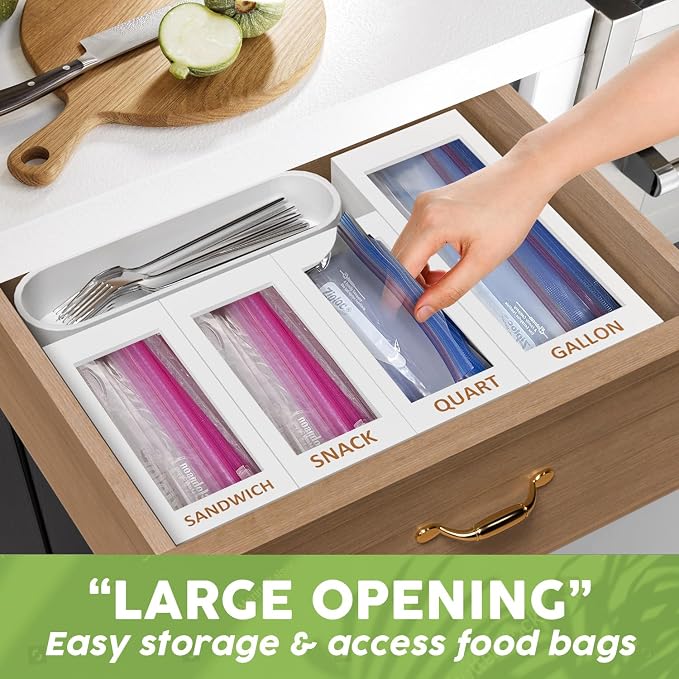 DALSHABET Bamboo Storage Bag Organizer for Kitchen Drawer, 4 Separate Food Storage Bag Organizer, 12x14 Baggie Organizer Dispenser for All Brands Gallon, Snack, Sandwich & Quart Slider Bags White