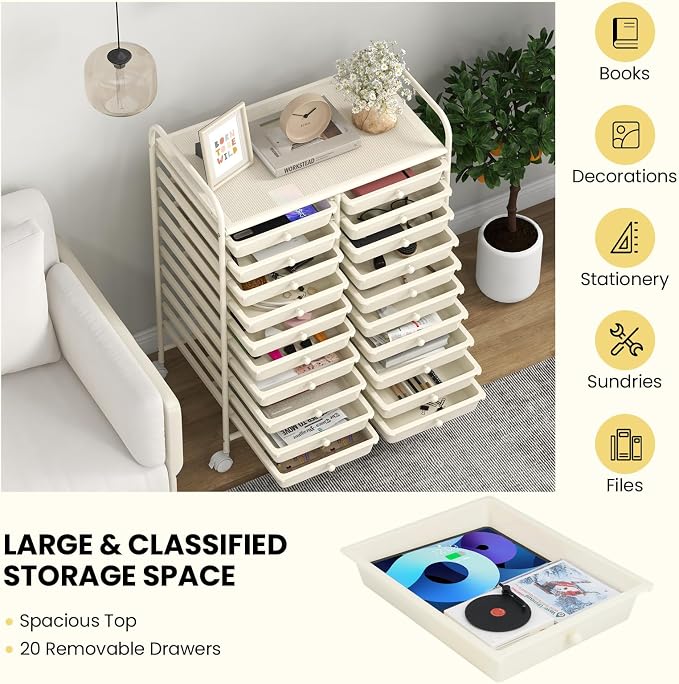 COSTWAY 20-Drawer Rolling Storage Cart, Utility Storage Organizer Cart for Tools, Scrapbook, Paper, Craft, Multipurpose Storage Trolley on Wheels for Home Office School, Ivory White