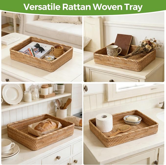 Wicker Storage Tray, Rattan Basket Rectangular for Bathroom Living Room, Decorative Serving Woven Trays Wicker Baskets for Organizing Home Decor XL(17.7" × 13.4")
