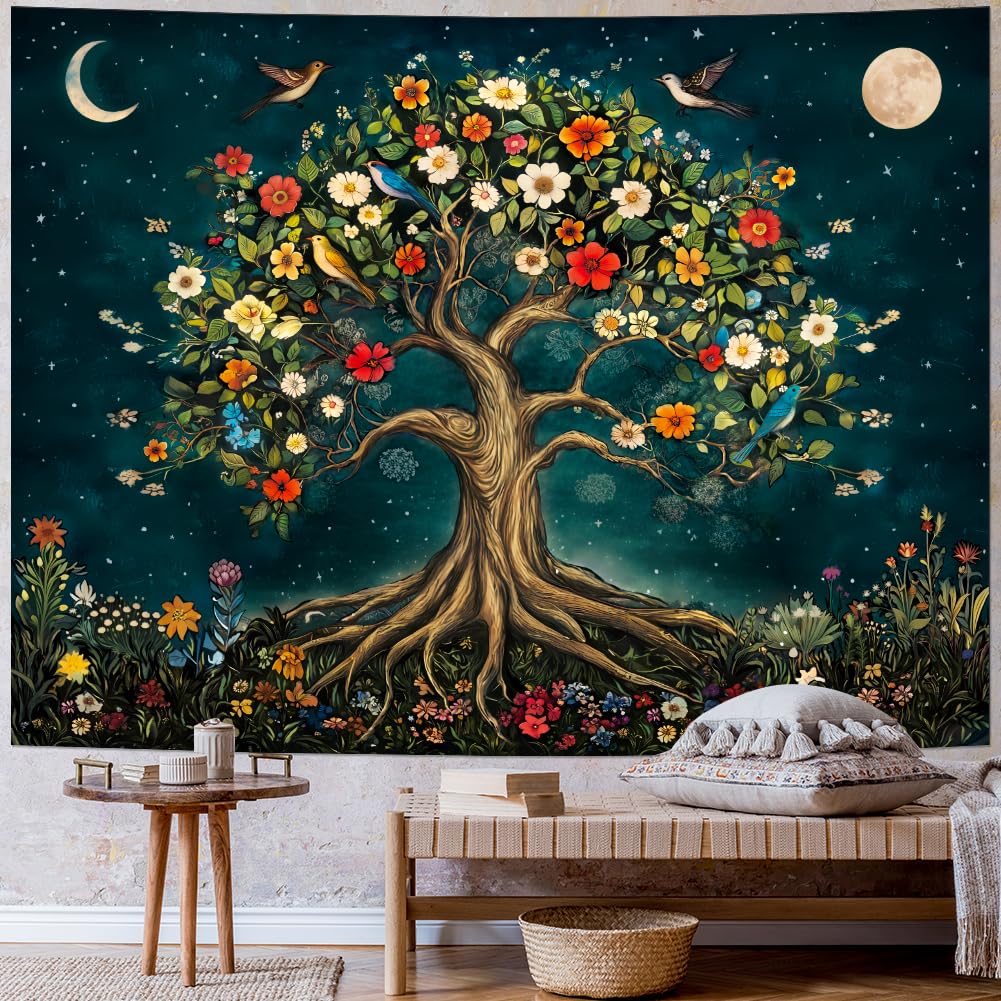 Amtoodopin Tree of Life Tapestry Mystic Boho Flowers Tapestry Vintage Aesthetic Tree Wall Tapestries Retro Nature Floral Plants Tapestries Wall Hanging for Bedroom