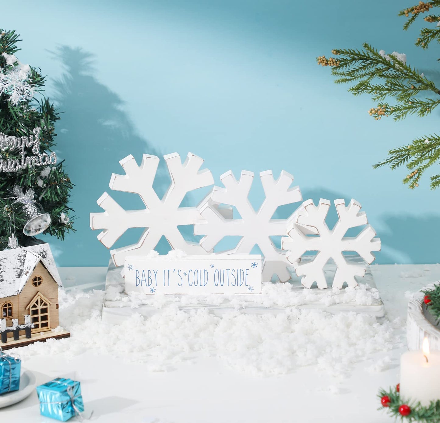4 PCS Winter Wooden Snowflakes Decor - Christmas Snowflake Signs - Christmas Fireplace Decoration for Party - Tabletop Fireplace Decors Indoor
