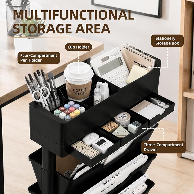 5 Tier Rolling Utility Cart Multi-Functional Movable Storage Book Shelves with Lockable Casters for Study Office Kitchen Classroom, White (Black, with Wheel)