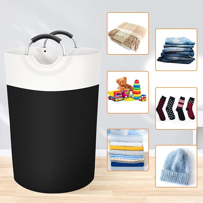 BlissTotes 75L Laundry Basket, Freestanding Laundry Hamper, Collapsible Dirty Clothes Hamper, Waterproof Fabric with Foam Protected Aluminum Handles for College, Dorm, Family (Black)