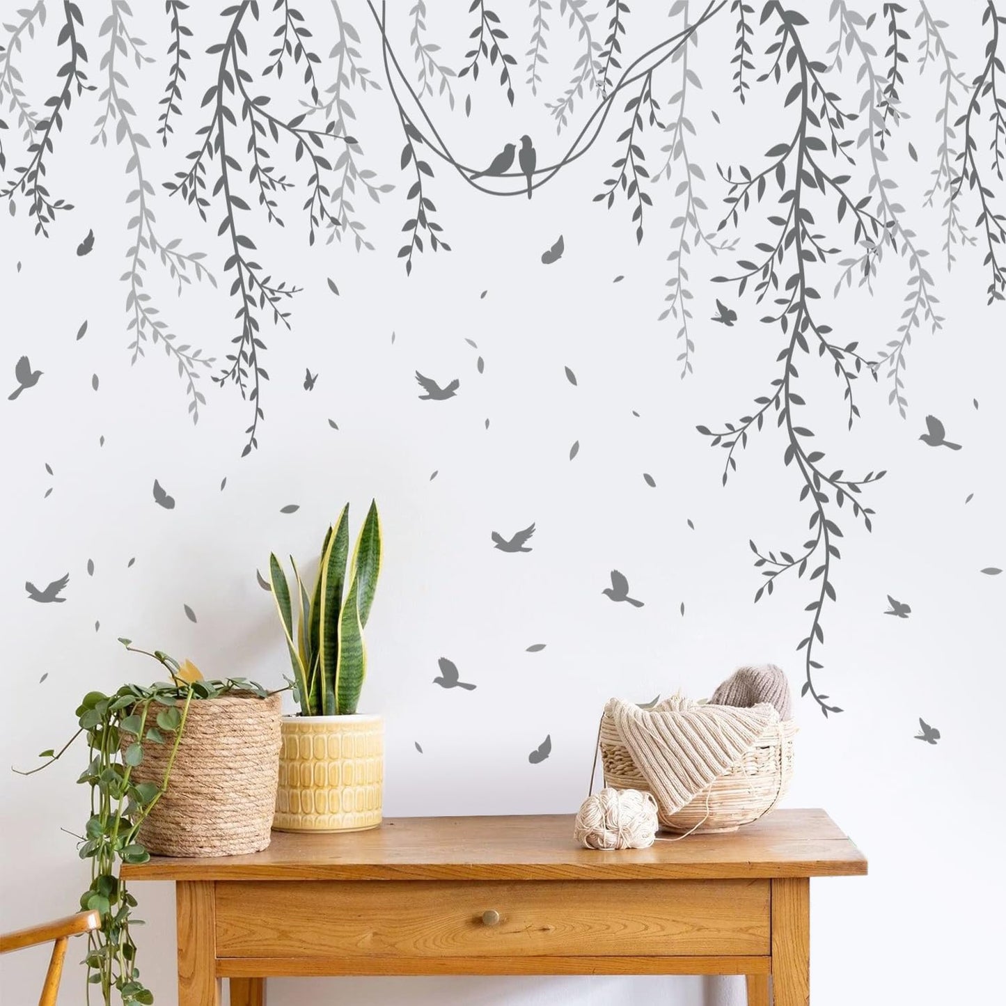 DRWSSR 3D Removable Grey Vines Wall Stickers - Peel & Stick DIY Wall Decals with Flying Birds, Waterproof PVC Wall Decor for Kids Room, Bedroom, Living Room, Office (30x45cm x6, 89x164cm Coverage)