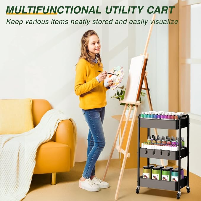 LEHOM 3 Tier Rolling Cart, Metal Rolling Utility Cart with Lockable Wheels & Hooks, Multi-Functional Heavy Duty Storage Cart Organizer for Bathroom, Kitchen, Office, Living Room