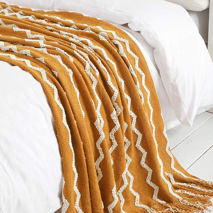 BOURINA Fluffy Chenille Knitted Fringe Throw Blanket Lightweight Soft Cozy for Bed Sofa Chair Throw Blankets, Dark Gold 50" x 60"