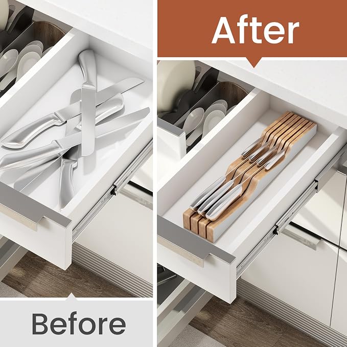In-Drawer Knife Block Organizer - Bamboo Wood Drawer Knife Organizer-Protecting Knife Organizer Block (Not Included) (White, 7 Knives Dock)