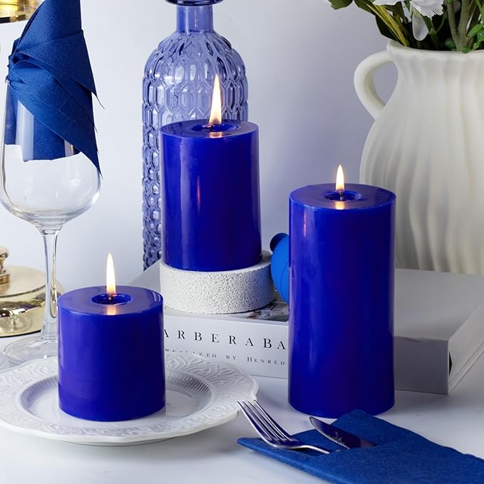 KONNI Classic Blue Pillar Candles Set of 3, 3"x 6" Unscented Pillar Candles Bulk, 56 Hours Long Burning Candles, Smokeless&Dripless Large Round Candle for Wedding, Home Decoration, Parties, Spas