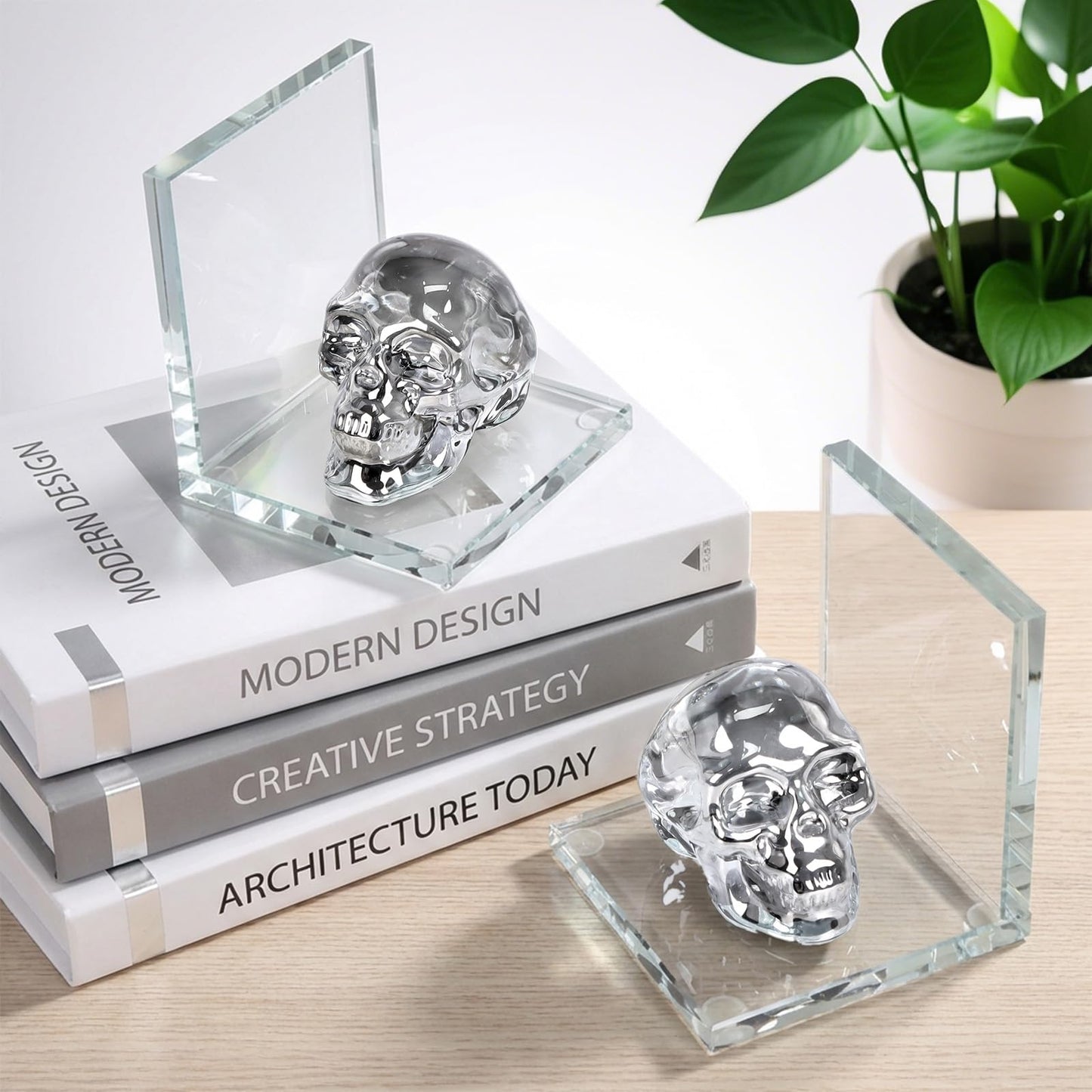 Skull Bookends Set of 2 – L Shaped Crystal Skull Decorative Bookends, Heavy Duty Non-Slip Book Ends for Shelves, Office and Home Decor