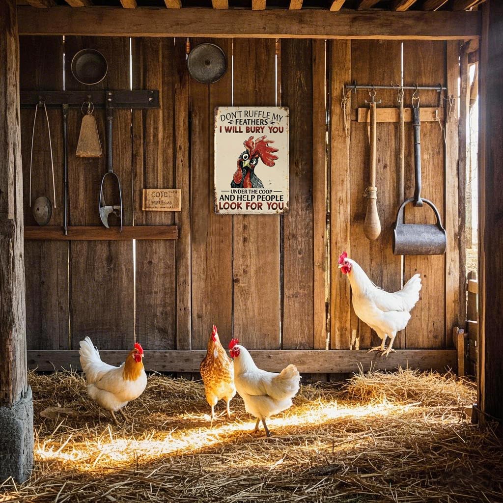 Funny Chicken Sign Don't Ruffle My Feathers, Gift for Chicken Lovers, Farmhouse Wall Decor for Home Coop Garden 8 x 12 Inch (287)