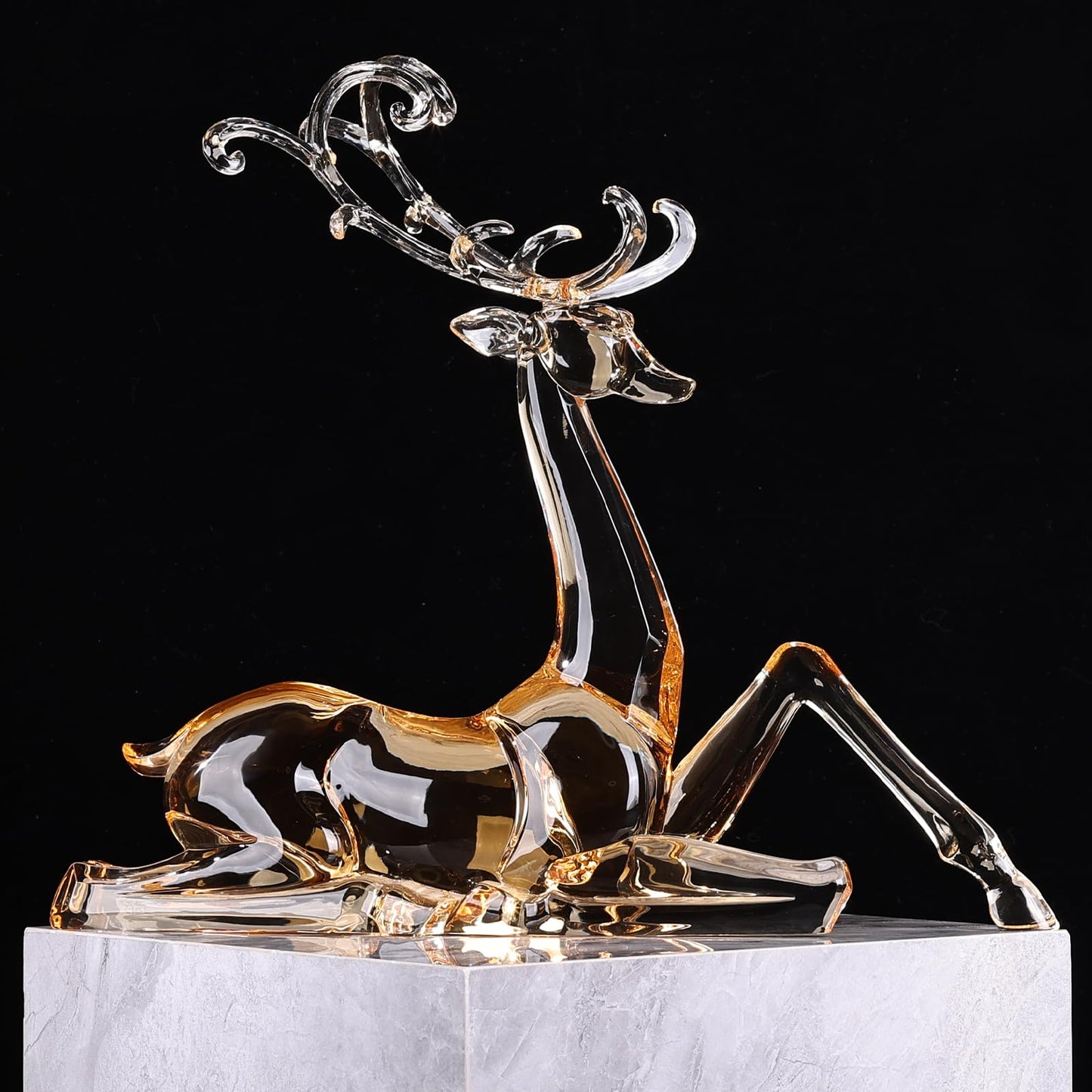 11" Tall Acrylic Christmas Reindeer Figurine - Elegant Clear Large Reindeer Ornaments for Christmas Indoor Decor, Holiday Centerpiece, Living Room, Fireplace, Table Display (Gold Sitting Reindeer)