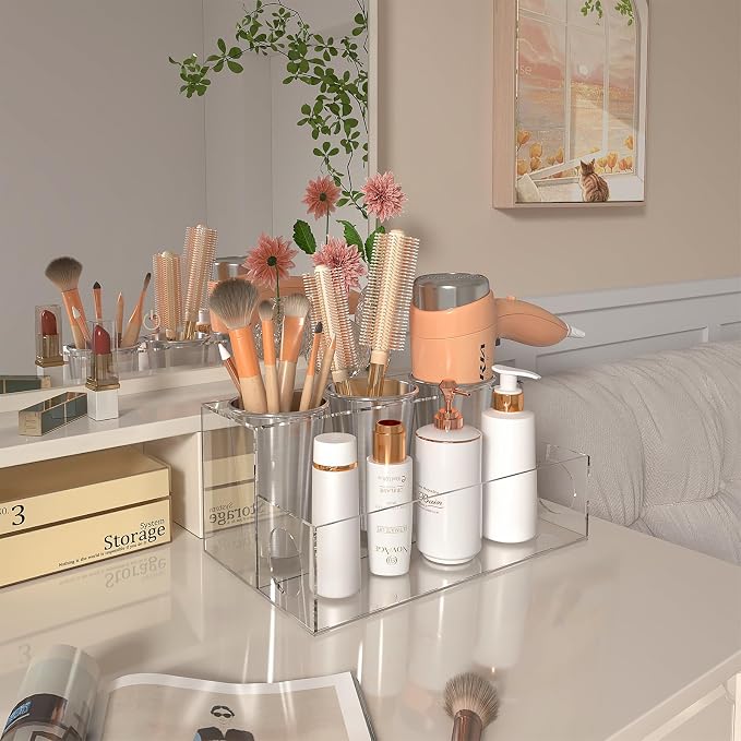 Hair Tool Organizer, Clear Acrylic Hair Dryer Holder with Insulated Cup, Bathroom Supplies Countertop Blow Dryer Holder, Vanity Caddy Storage Stand for Accessories, Makeup, Toiletries